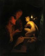 Godfried Schalcken, Two men examining a painting by candlelight, Godfried Schalcken